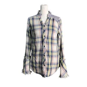 Sundance Womens Medium Macey Plaid Flannel Shirt 100% Cotton Bell Sleeve Snap Up